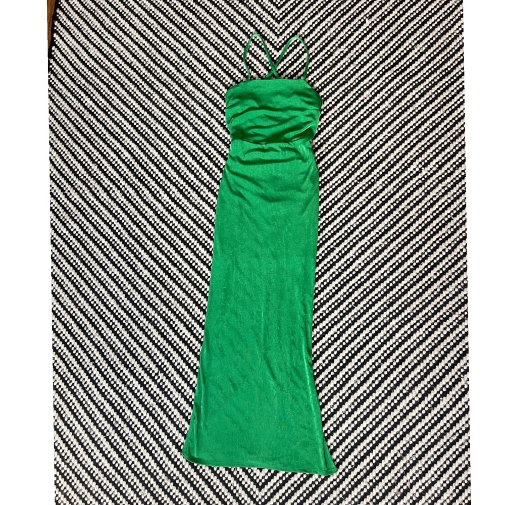 Wild Fable Green Shimmer Lace Up Back Midi Dress XS Emerald Prom Gown NWT